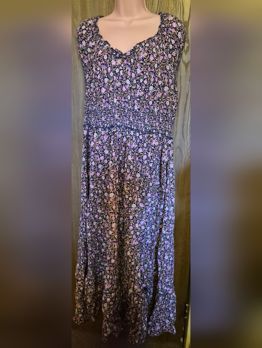 Floral Peasant Maxi Dress  L Tall  Pockets Smocked Cottagecore Tea Party Summer